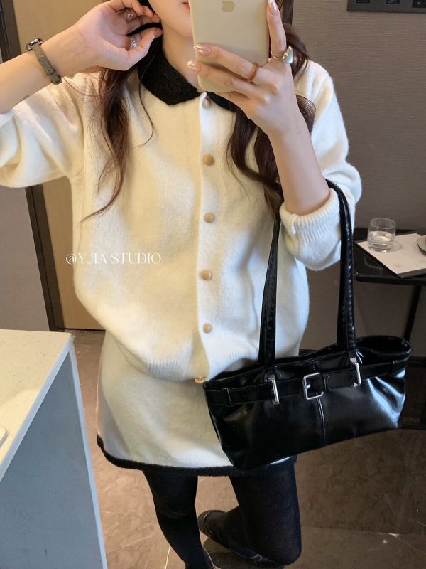 法式小香風撞色翻領針織開衫+高腰半身裙-2色 法式小香風撞色翻領針織開衫+高腰半身裙-2色