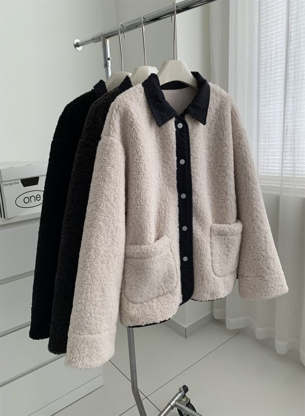 拼接牛仔設計感翻領仿羊毛保暖麂皮絨外套-3色 拼接牛仔設計感翻領仿羊毛保暖麂皮絨外套-3色
