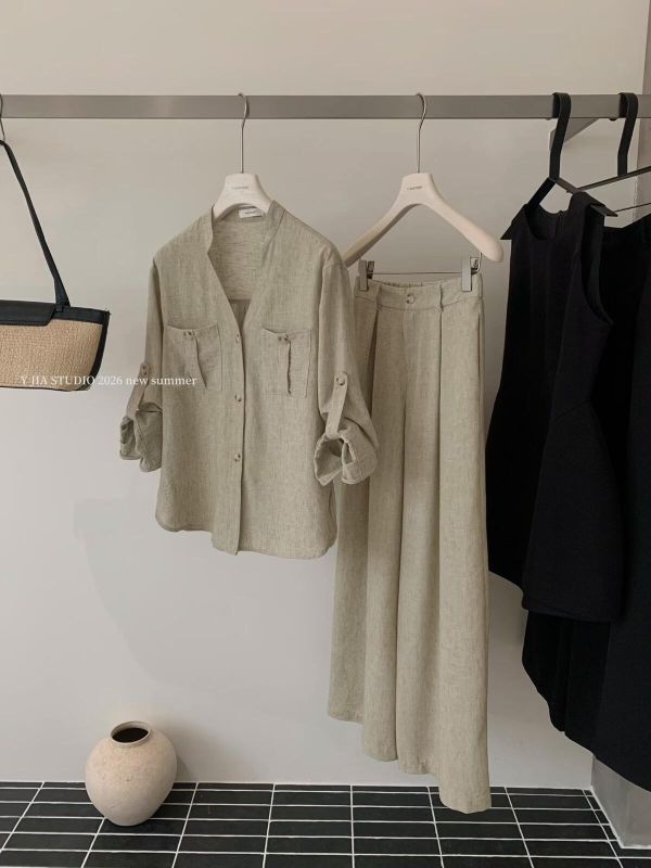 老錢亞麻百搭襯衫+寬鬆闊腿褲鬆弛感兩件套裝 老錢亞麻百搭襯衫+闊腿褲兩件套