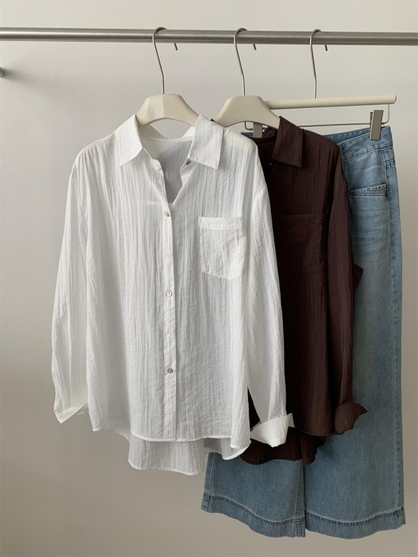 復古顯白肌理感輕盈鬆弛感襯衫上衣-2色 復古顯白肌理感輕盈鬆弛感襯衫上衣-2色