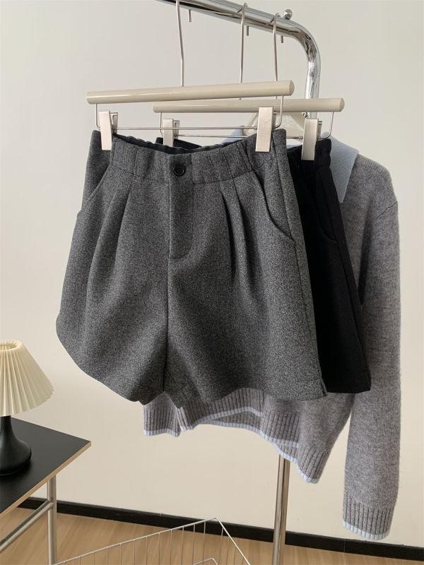 加厚毛呢顯瘦a字腿休閒短褲-2色 加厚毛呢顯瘦a字腿休閒短褲-2色