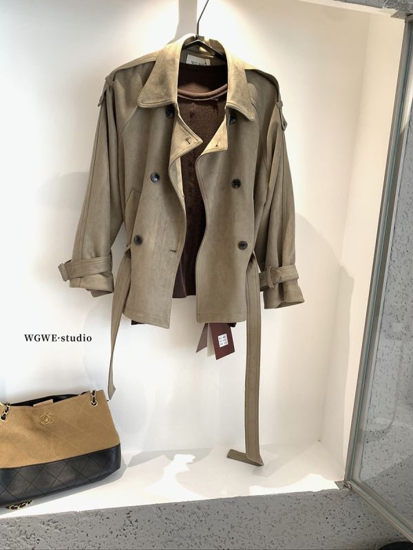 美式復古麂皮絨雙排扣綁帶翻領外套 美式復古麂皮絨雙排扣綁帶翻領外套