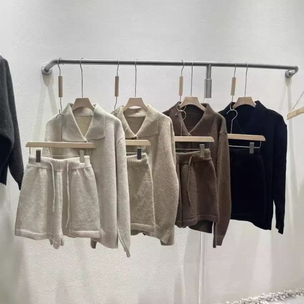 翻領開衫毛衣&高腰顯瘦闊腿褲套裝-4色 翻領開衫毛衣&高腰顯瘦闊腿褲套裝-4色