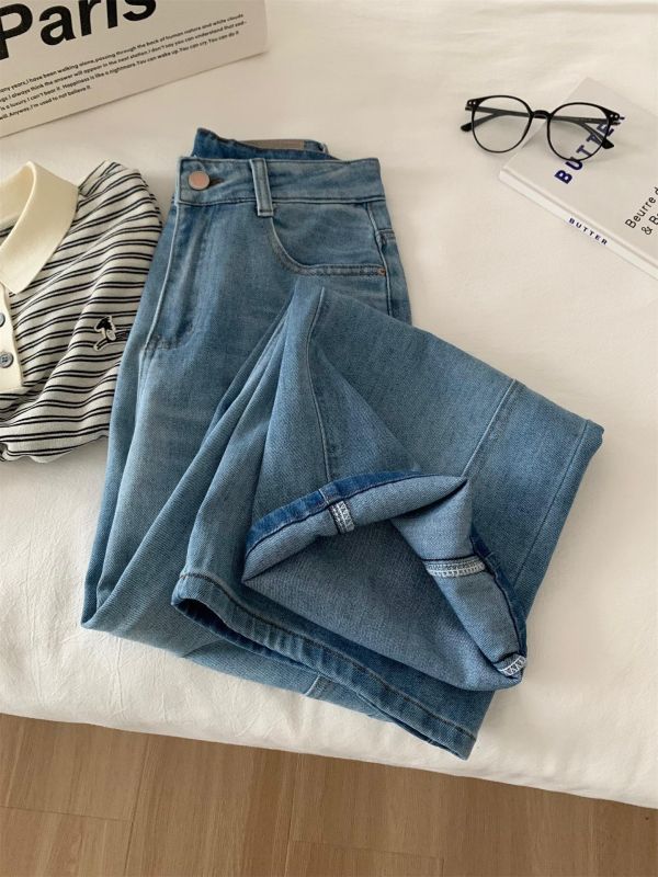 設計感拼接闊腿彎刀褲高腰顯瘦牛仔 設計感拼接闊腿彎刀褲高腰顯瘦牛仔