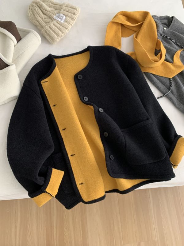 設計感洋氣復古韓國絨圓領鈕扣 真兩件雙面絨開衫外套-2色 設計感洋氣復古韓國絨圓領鈕扣 真兩件雙面絨開衫外套-2色