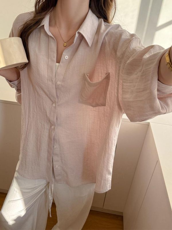 亞麻夏季防曬氣質純色襯衫上衣-6色 亞麻夏季防曬氣質純色襯衫上衣-6色