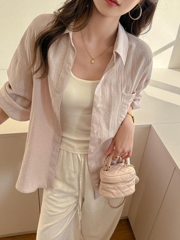 亞麻夏季防曬氣質純色襯衫上衣-6色 亞麻夏季防曬氣質純色襯衫上衣-6色