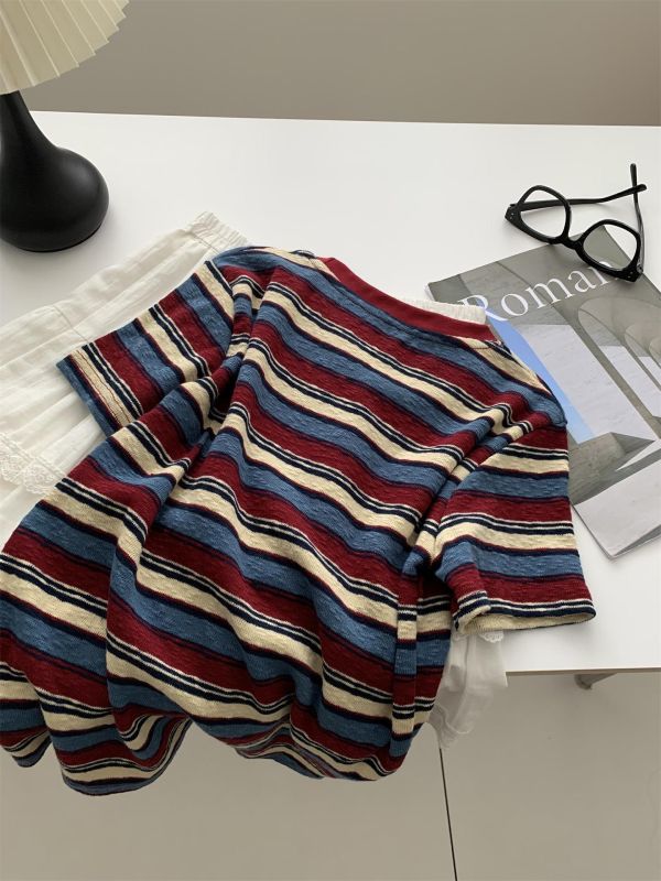 顯白肌理感 復古藍紅撞色透氣t 顯白肌理感 復古藍紅撞色透氣t