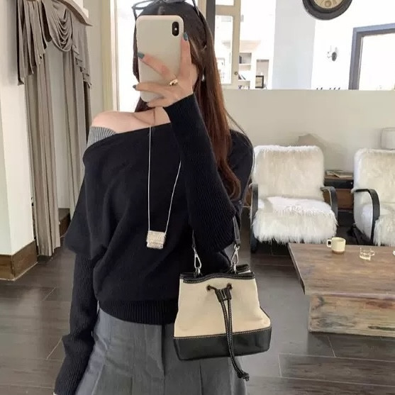 溫柔百搭顯瘦斜肩撞色針織上衣-4色 溫柔百搭顯瘦斜肩撞色針織上衣-4色