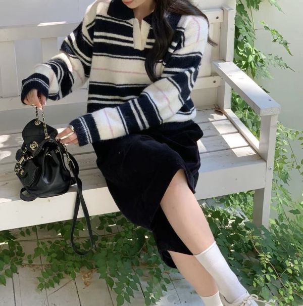 Korea 超美撞色條紋POLO領條紋毛衣-3色 Korea 超美撞色條紋POLO領條紋毛衣-3色