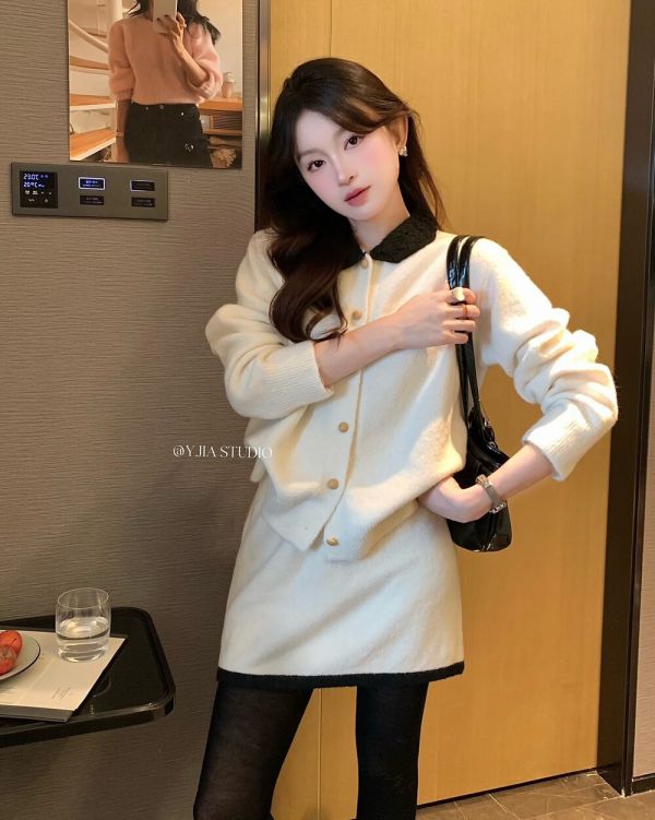 法式小香風撞色翻領針織開衫+高腰半身裙-2色 法式小香風撞色翻領針織開衫+高腰半身裙-2色