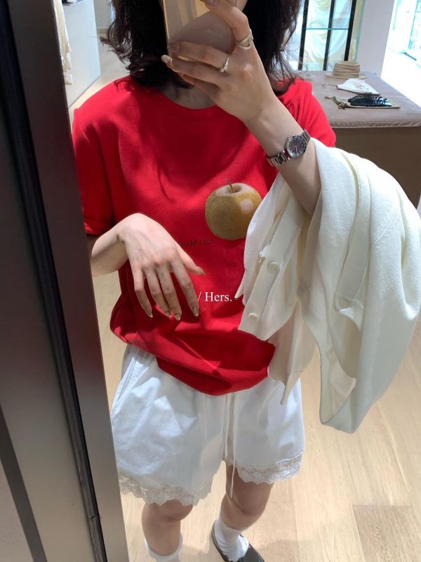 韓系蘋果圖案印花質感T恤-3色 韓系蘋果圖案印花質感T恤-3色