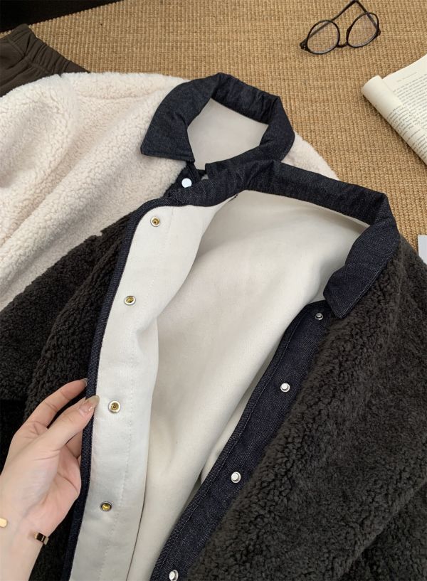 拼接牛仔設計感翻領仿羊毛保暖麂皮絨外套-3色 拼接牛仔設計感翻領仿羊毛保暖麂皮絨外套-3色
