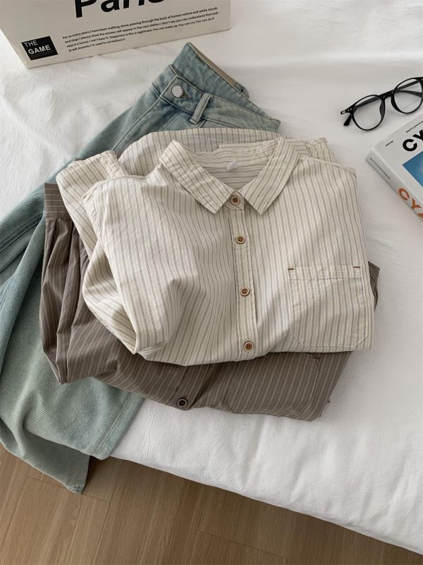 文藝小清新豎條紋單穿疊穿襯衫上衣-2色 文藝小清新豎條紋單穿疊穿襯衫上衣-2色