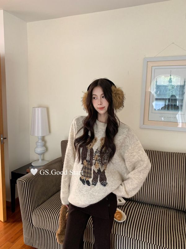 寬鬆小熊圖案 慵懶風保暖毛衣-3色 寬鬆小熊圖案 慵懶風保暖毛衣-3色