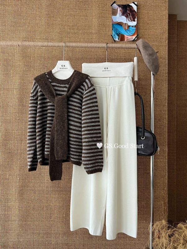 韓系條紋撞色針織衫（配披肩）-3色 韓系條紋撞色針織衫（配披肩）-3色