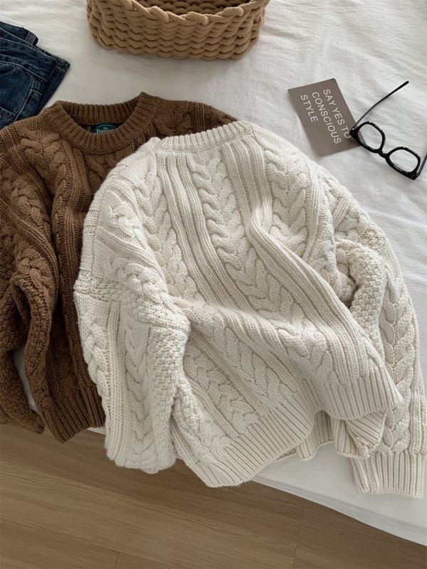 韓版粗針麻花加厚保暖羊毛針織上衣-3色 韓版粗針麻花加厚保暖羊毛針織上衣-3色