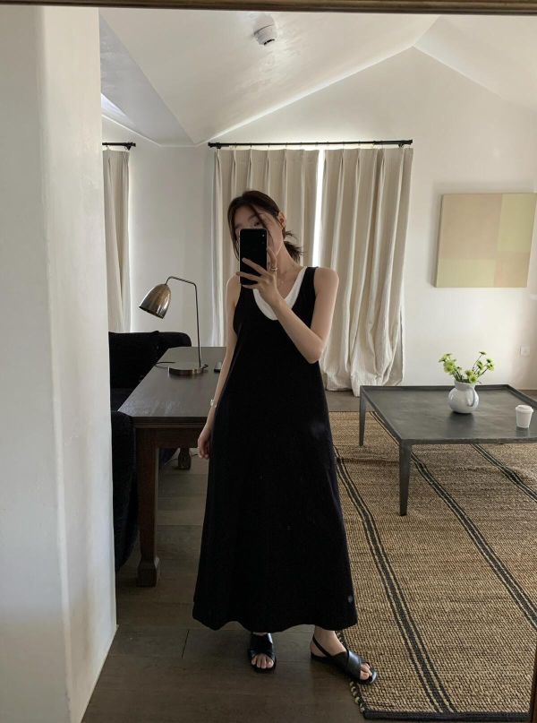 春夏極簡撞色拼接肌里棉連身裙-3色 春夏極簡撞色拼接肌里棉連身裙-3色