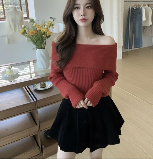 Korea 坑條一字領針織毛衣-4色 Korea 坑條一字領針織毛衣-4色