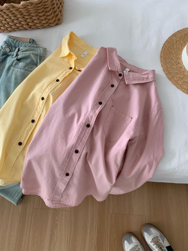 多巴胺彩色翻領水洗棉防曬襯衫上衣-4色 多巴胺彩色翻領水洗棉防曬襯衫上衣-4色