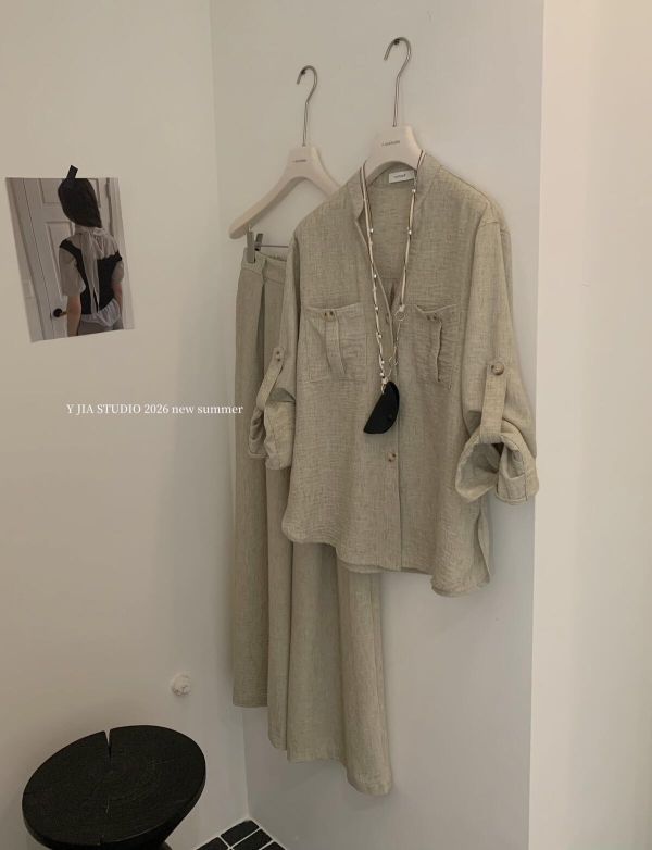 老錢亞麻百搭襯衫+寬鬆闊腿褲鬆弛感兩件套裝 老錢亞麻百搭襯衫+闊腿褲兩件套