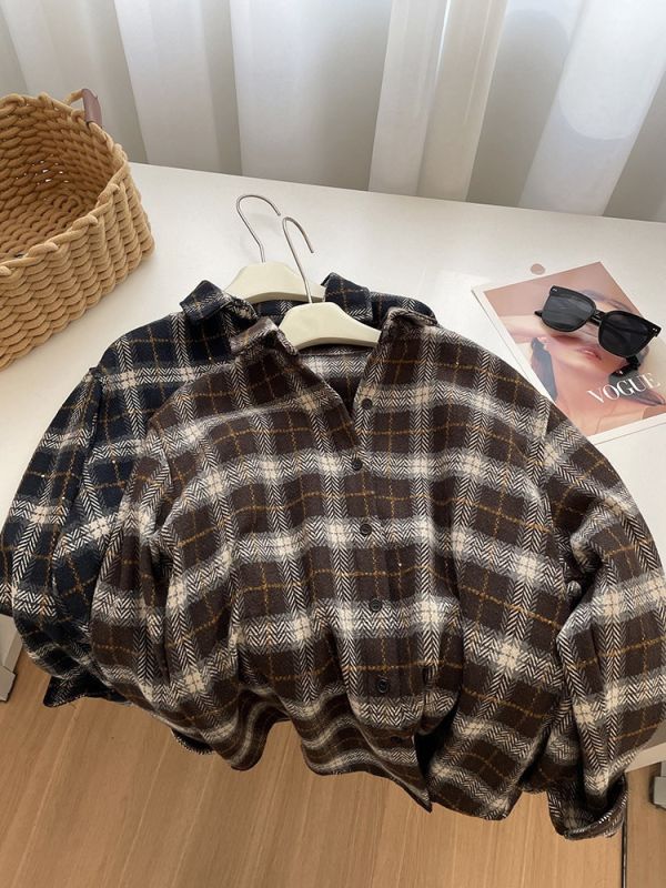 金絲勾線復古加厚格子襯衫外套-2色 金絲勾線復古加厚格子襯衫外套-2色