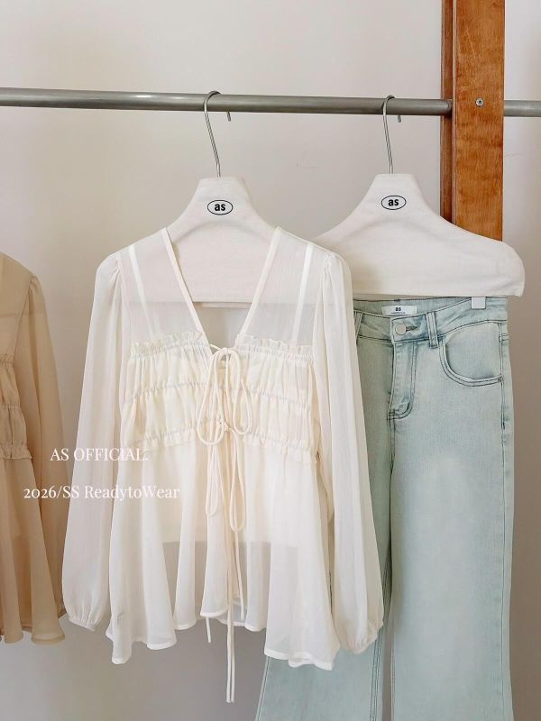 韓系褶皺領V繫帶+小背心兩件套-3色 韓系褶皺領V繫帶+小背心兩件套-3色