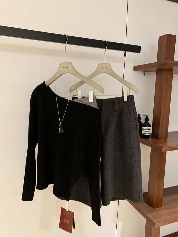 溫柔百搭顯瘦斜肩撞色針織上衣-4色 溫柔百搭顯瘦斜肩撞色針織上衣-4色