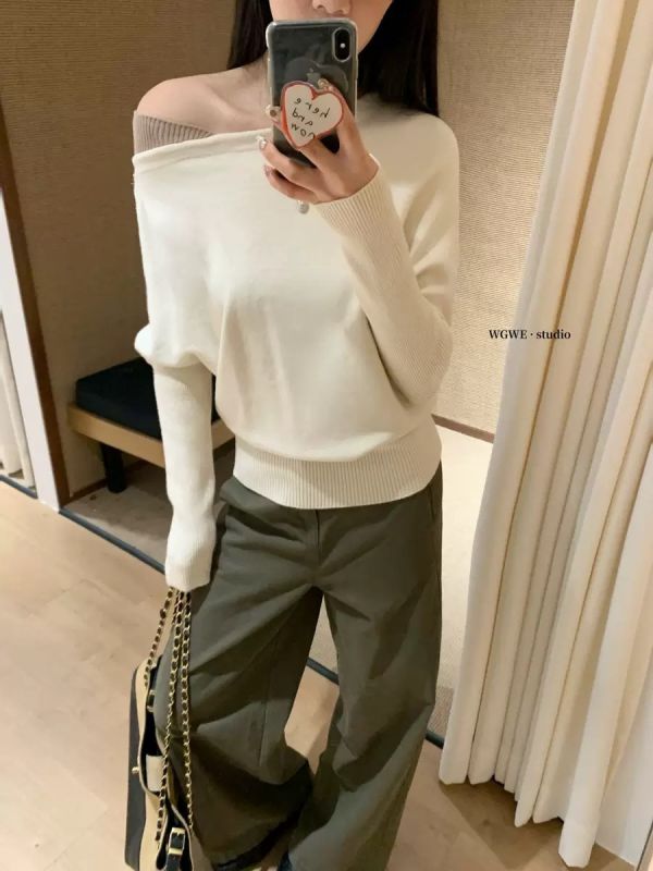 溫柔百搭顯瘦斜肩撞色針織上衣-4色 溫柔百搭顯瘦斜肩撞色針織上衣-4色