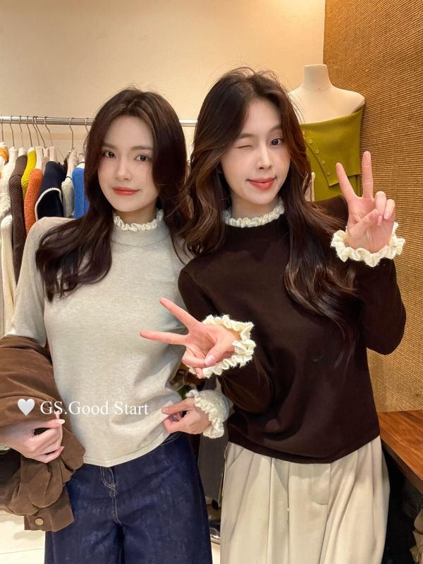 法式氣質柔軟蕾絲花邊高領針織衫-6色 法式氣質柔軟蕾絲花邊高領針織衫-6色