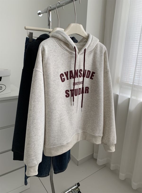 重磅加絨美式字母套頭鬆弛感連帽上衣-3色 重磅加絨美式字母套頭鬆弛感連帽上衣-3色