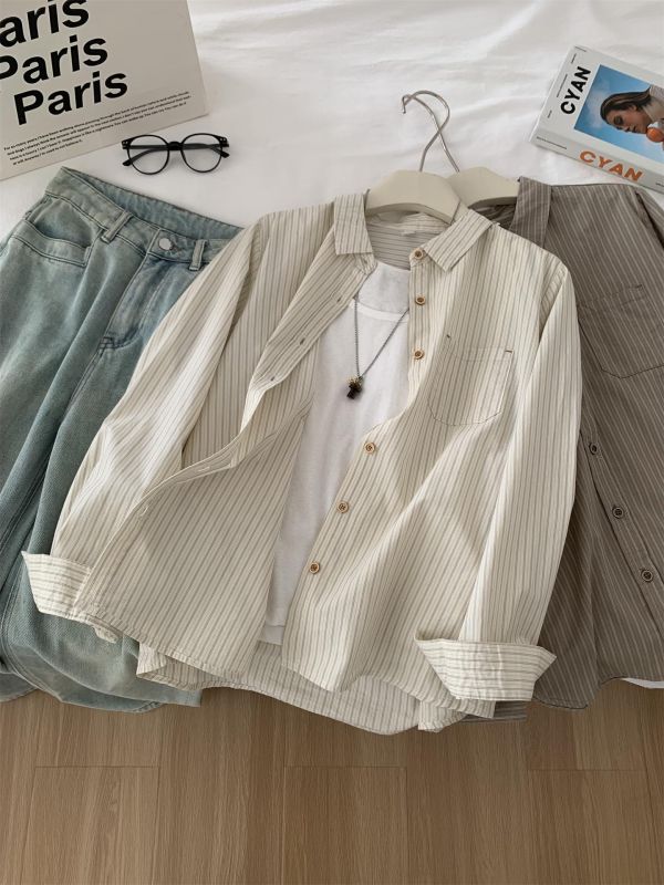 文藝小清新豎條紋單穿疊穿襯衫上衣-2色 文藝小清新豎條紋單穿疊穿襯衫上衣-2色