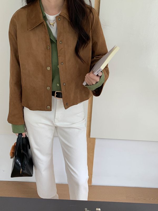 復古仿麂皮絨翻領顯瘦短款外套 復古仿麂皮絨翻領顯瘦短款外套