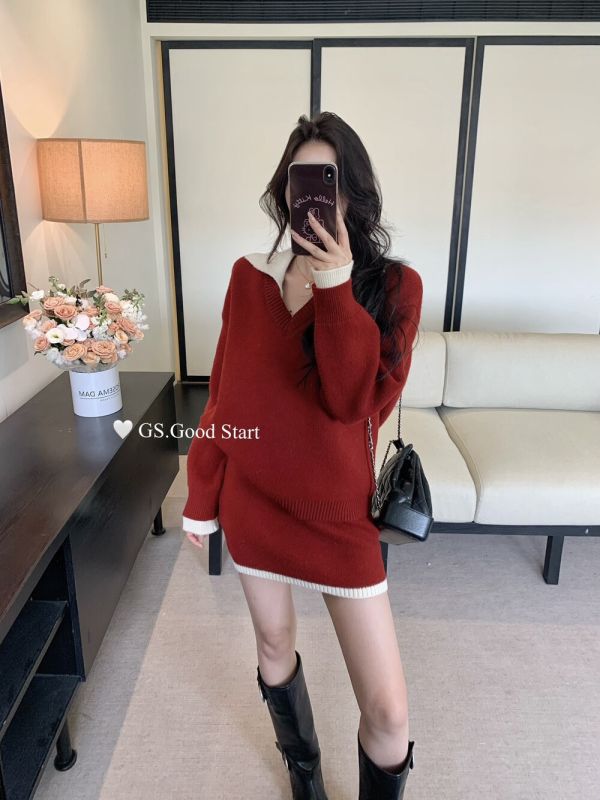 學院風撞色氣質針織衫+半身裙兩件套套裝-5色 學院風撞色氣質針織衫+半身裙兩件套套裝-5色