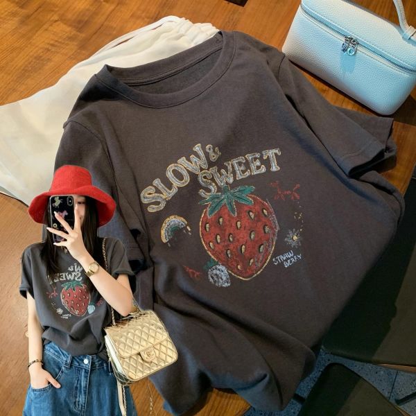 復古草莓印花寬鬆休閒薄雪花棉上衣 復古草莓印花寬鬆休閒薄雪花棉上衣
