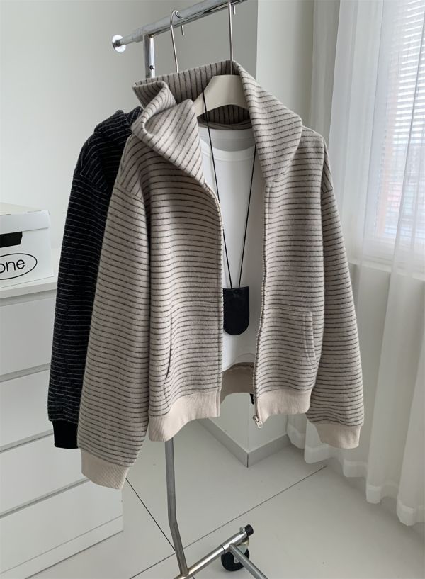 慵懶鬆弛感條紋廓形拉鍊連帽外套-2色 慵懶鬆弛感條紋廓形拉鍊連帽外套-2色