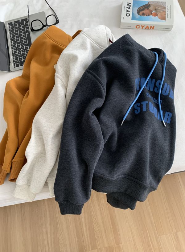 重磅加絨美式字母套頭鬆弛感連帽上衣-3色 重磅加絨美式字母套頭鬆弛感連帽上衣-3色