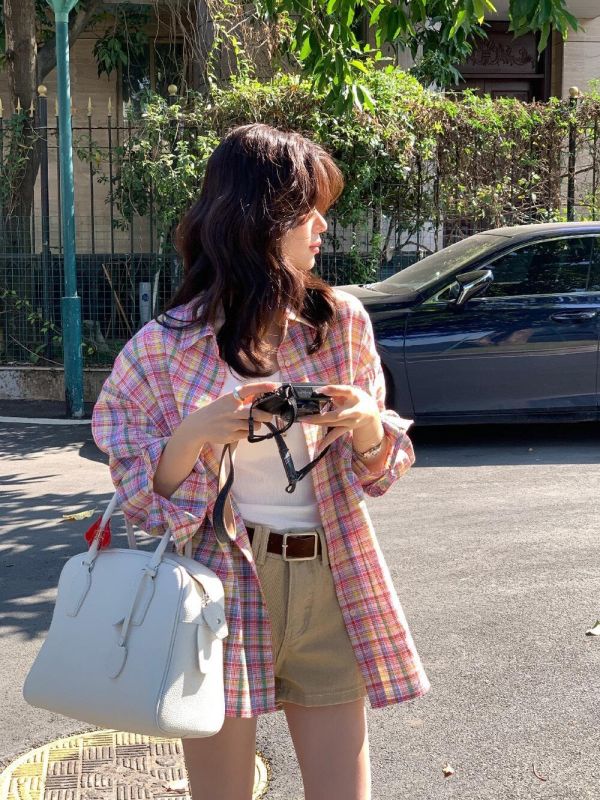 韓風寬鬆彩格休閒防曬襯衫上衣 韓風寬鬆彩格休閒防曬襯衫上衣