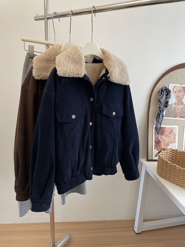 復古燈芯絨工裝短款外套 加厚羊羔毛保暖外套-2色 復古燈芯絨工裝短款外套 加厚羊羔毛保暖外套-2色