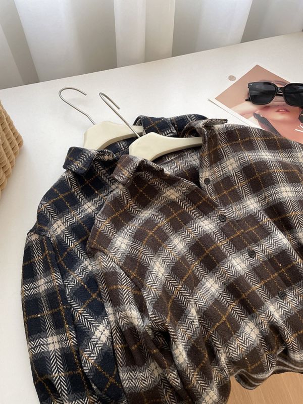 金絲勾線復古加厚格子襯衫外套-2色 金絲勾線復古加厚格子襯衫外套-2色