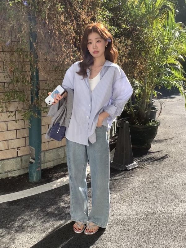 粉嫩少女韓系慵懶條紋襯衫-2色 粉嫩少女韓系慵懶條紋襯衫-2色