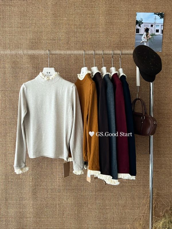 法式氣質柔軟蕾絲花邊高領針織衫-6色 法式氣質柔軟蕾絲花邊高領針織衫-6色