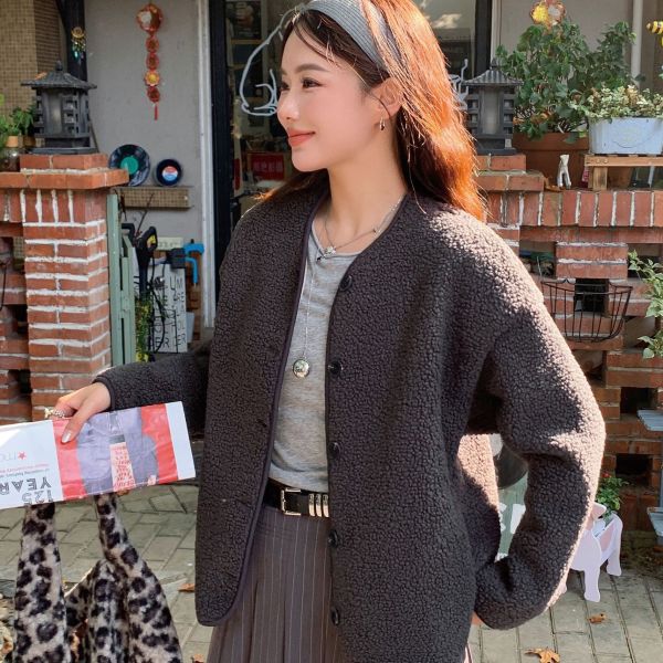 韓系仿羊羔絨圓領輕盈開衫外套-3色 韓系仿羊羔絨圓領輕盈開衫外套-3色