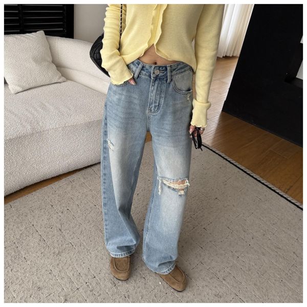 滿滿活力～洋氣淺色破洞直筒闊腿褲 滿滿活力～洋氣淺色破洞直筒闊腿褲