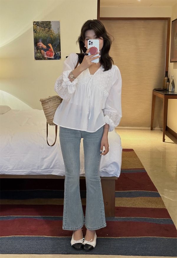 韓系簡約微喇叭九分修身牛仔褲 韓系簡約微喇叭九分修身牛仔褲