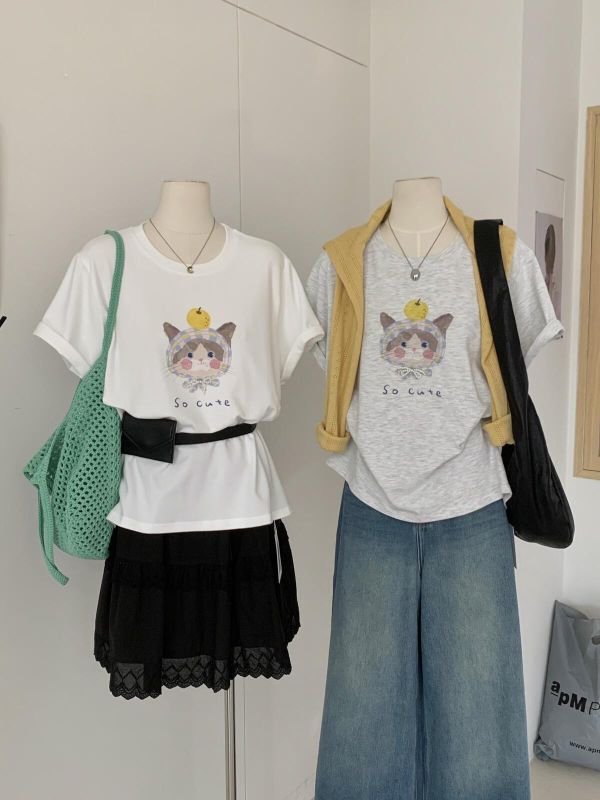 韓系ins小貓印花圓領T恤-2色 韓系ins小貓印花圓領T恤-2色