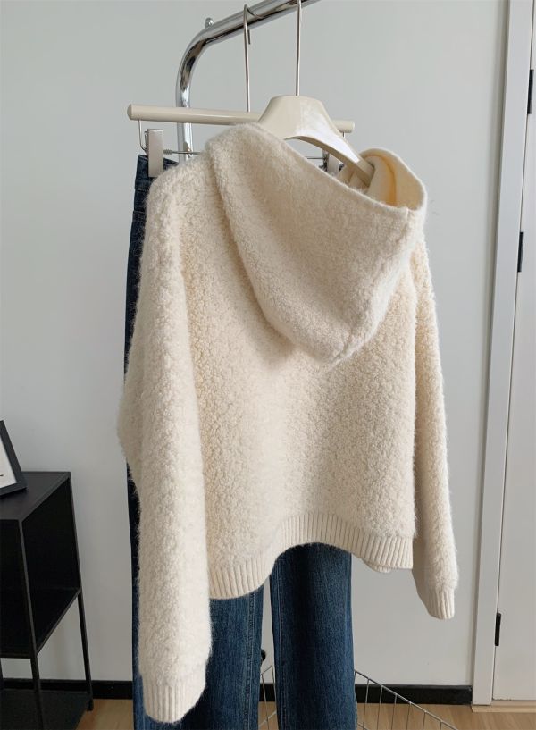 溫柔米白色羊毛圈圈紗連帽鬆弛感針織外套 溫柔米白色羊毛圈圈紗連帽鬆弛感針織外套