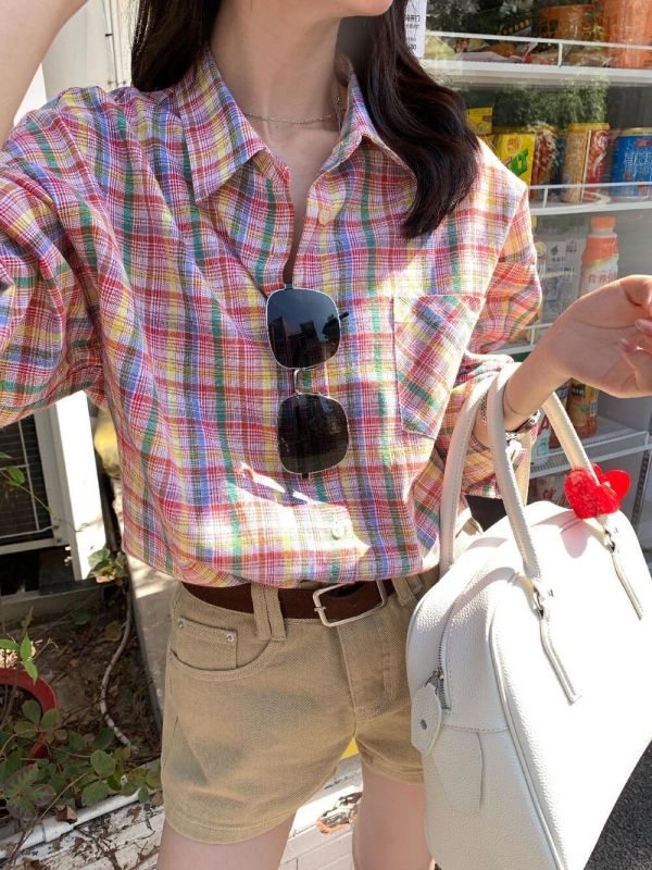 韓風寬鬆彩格休閒防曬襯衫上衣 韓風寬鬆彩格休閒防曬襯衫上衣