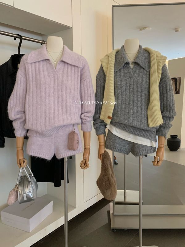 韓系慵懶風翻領針織毛衣+高腰休閒短褲-3色 韓系慵懶風翻領針織毛衣+高腰休閒短褲-3色