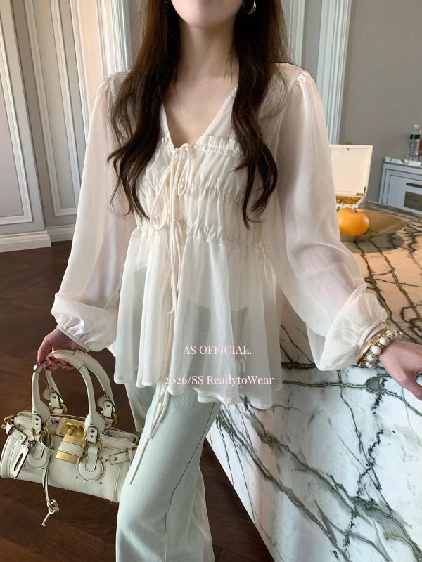 韓系褶皺領V繫帶+小背心兩件套-3色 韓系褶皺領V繫帶+小背心兩件套-3色